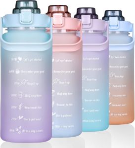 Sports Water Bottle 2000ml/67.6oz Gradient Color Portable Large Capacity Leak Proof Plastic Water Bottles with Straw and Time Marker for Women Girls Home Office School and Travel Use