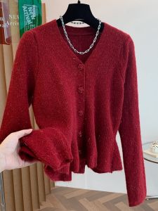 SHIMANQING | Slim Waist Red V-neck Knit Sweater Cardigan
