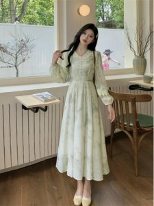 French Green Waist-Cinching Gentle Style Dress Womens Spring Autumn plus Size Elegant Princess Vacation Long Dress