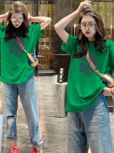Loose Green Short Sleeve T-Shirt Pure Cotton Summer Womens High-end Fashion Top Comfortable Breathable Korean Style Tee
