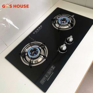 Bếp ga âm đôi cao cấp gia đình mặt kính cường lực 8mm đánh lửa magneto (Màu đen)