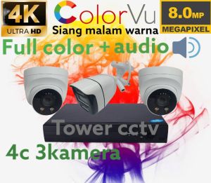 PAKET CCTV 4 CHANNEL 3 KAMERA 8MP COLORVU AUDIO ULTRA HD 4K FULL COLOR SIANG MALAM