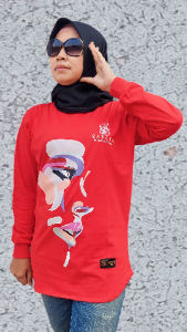 KAOS WANITA LENGAN PANJANG TERBARU 2024 T-SHIRT KEKINIAN HIJAB STYLE OUTFIT SEMI TUNIK SAFAYA MERAH