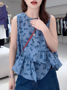 เสื้อกั๊กแขนกุดพิมพ์ลายสีน้ำเงินสไตล์เกาหลีสำหรับผู้หญิง ทรงหลวม ผ้าโพลีเอสเตอร์ ระบายอากาศได้ดี แขนสั้น ปกติ