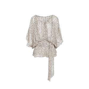 CHACHASTU | Áo Blouse Tay Ngắn Phồng Lớp Ôm Eo Có Chấm Đen Màu Trà