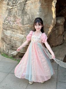 New Chinese Style Hanfu Girls Dress Summer Changan Princess Skirt Super Fairy Flower Spirit Baby Dress Childrens Traditional Costume