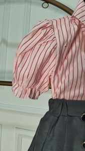 Setelan Anak Perempuan Import Kemeja Garis Gliter Dasi Saku Pluffy Rok Mini Rample Cute