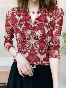 Blue And White Porcelain Print Base Shirt V-Neck Slim Fit Womens Flavor Small Shirt Commute Style Floral Pattern Long Sleeve