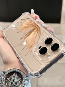 Desert Gold Butterfly Anti-Fall Transparent Womens Phone Case for  15 Full Cover 14 pro 13 Series 12P Shockproof 14 plus