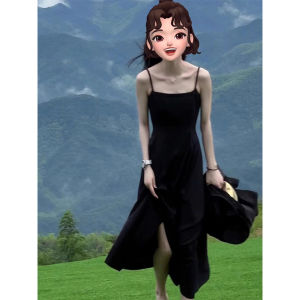 Black Strapless A-Line Dress Women Summer Vacation Long Slimming Waist High-End Feel Cotton Blend Comfortable Ins Style Dress