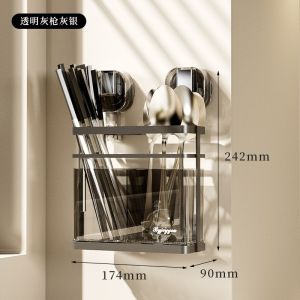 Kitchen Wall-Mounted Drainage Chopsticks Spoon Storage Rack Home Use No-Punching Chopsticks Cage Utensil Holder Plastic Material
