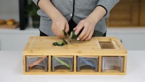 Bamboo cutting board with kitchen drawer-style multifunctional chopping board including grater and vegetable sorting board (includes 4 drawer trays and 4 graters)