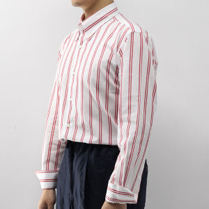 เสื้อเชิ้ตผู้ชาย Leo แขนยาวทรงตรงสีแดงลายทาง ผ้าฝ้ายแท้ คอกลม ทรงเข้ารูป สำหรับใส่ไปทำงานและลำลอง