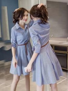 Slim Fit Shirt Dress Blue White Stripes Seven Sleeve Women Sweet Design Casual Summer Fashion Female Workwear School Uniform