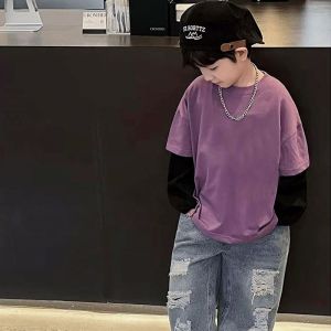 Boys Long Sleeve Crew Neck T-Shirt Pure Cotton Inner Wear Base Layer Top Spring Autumn Casual Straight Cut Printed Kids Clothes