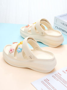 Womens Sandals Summer Outwear Thick Sole Poop Feeling Muffin Bottom Puff Sandals Non-Slip All-Matching Two-Way French Style Beach Slippers