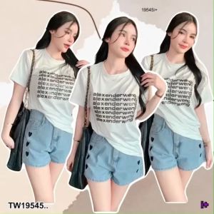 TW19545 Set 2 ชิ้น เสื้อสกรีนด้านหน้า + กางเกงยีนส์ขาสั้น ..