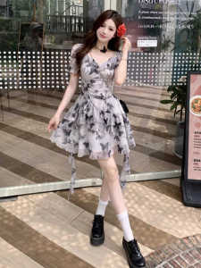Tea Break French Floral Bows Dress Womens Summer 2024 New Arrival Tight Waist Slim Looking Asymmetrical Chiffon Dress