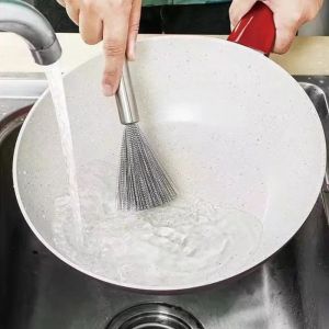 304 Stainless Steel Pot Brush Curved Head Anti Slip Grip Labor Saving Oil Free Cleaner Hangable Kitchen Sink Scrub Brush Tool