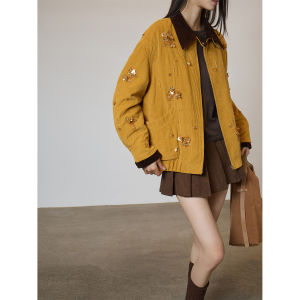 Retro Color Block Pearled Design Flared Jacket