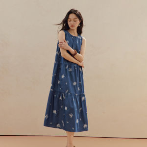 INMAN | Color-blocked Floral Embroidered Sleeveless Loose Summer Dress