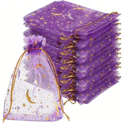 50PCS Moon Stars Drawstring Organza Bags Jewelry Gift Bags Pouches Gold Star Organza Favor Pouches for Christmas Wedding