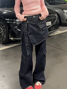 Street Style Retro Large Pocket Long Denim Pants Womens Workwear Original Design Sensation Layered Wear Casual Jeans