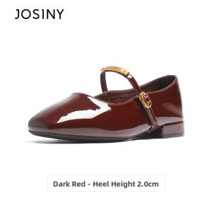 Josiny | French Mary Jane Women Shoes Red Round Toe Low Cut Leather Shoe with Thick Heel