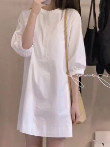 European Goods Simple White Shirts Dress Women Summer Design Sense Niche Small Elegant round Neck Single-Breasted Skirts