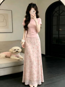 PEIZIXUAN | French Pink Floral Summer New 2026 Waist Cinching Long Dress