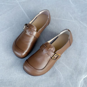 Retro Genuine Leather Flat Bottom Womens Shoes Soft Sole Handmade Anti-Slip Fashionable Casual Slip-On round Toe Flats