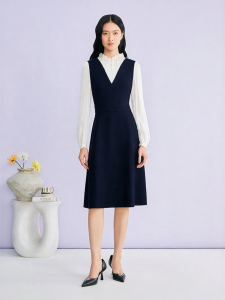 YINER | French Pearl Contrast Color Splicing Knit Faux Two-piece Dress