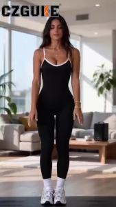 CZGUKE-Women Seamless Ribbed Yoga Jumpsuit Contrast Trim Strap One‑Piece Bodysuit Butt Lifting Workout Fitness Sports Jumpsuit