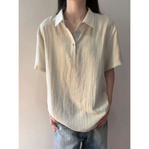 เสื้อยืดคอโปโลผ้าลินินบางสำหรับผู้ชาย แขนสั้น น้ำหนักเบา แห้งเร็ว ระบายอากาศได้ดี ทรงหลวม ฤดูร้อน 2025 ทรงหลวม