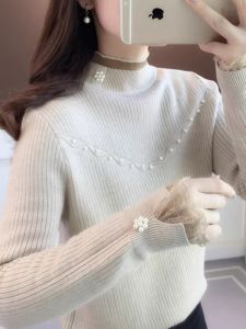 WANGGONGZHU | Thickened Half High Collar Lace Knitted Sweater Womens Autumn Winter Fashion Pearl Embellished Base Shirt Princess Style