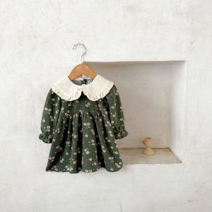 ชุดเดรสคอปกพิมพ์ลายผ้าฝ้ายแท้สำหรับเด็กผู้หญิง ฤดูใบไม้ผลิและฤดูใบไม้ร่วง ชุดเดรสยาวแขนยาวนุ่มสบายสำหรับเด็กผู้หญิง