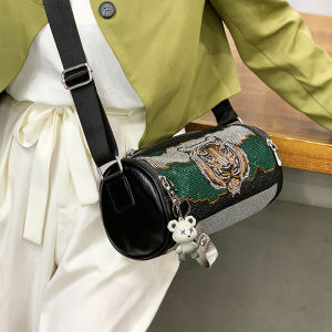 Fashionable Water Diamond Bucket Bag Womens Crossbody Bag round Tube Design Luxury Feel Small Ins Embedded Diamond Womens Bag