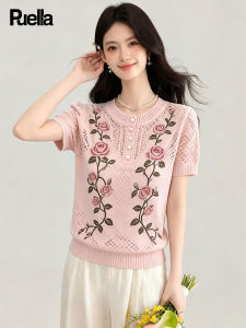 puella | Lace Hook Flower Hollow Rose Print Knit Top