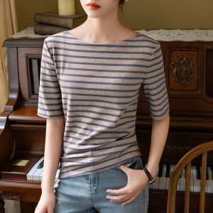Spring Summer New Style Striped T-Shirt Color Block mid Sleeve Womens Slim Fit Slimming Sailor Shirt Korean Version Commute