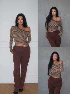 Lapinky [American Style Hip Hop] Fashion Retro Contrast Color Stripes off-the-Shoulder Long Sleeve Bottoming Top Idle Style T-shirt