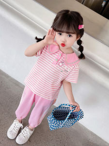 Girls Summer Outfit Thin Short Sleeve Long Pants Two-Piece Set Baby Fashion Cartoon Clothing Cotton Blend Casual Wear