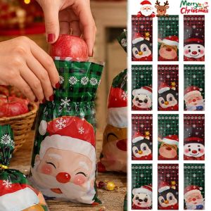 50pcs Large‑Size Cartoon Christmas Candy Gift Bags / Cookie Chocolate Goodie Packaging Pouches / Bright Printed Santa Design / Reusable Xmas Party Wrapping Supplies for Holiday Gifting