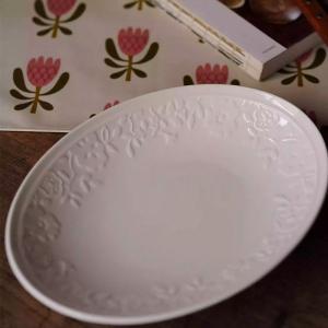 Bát Tròn Hình Elip in Nổi Màu Sứ Cao Cấp Màu Trắng Dùng Trong Gia Đình Bát Đựng Salad Bát Cá Bát Sứ Thủ Công Hình Elip