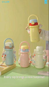 DILLER 520ml 316L Stainless Steel Insulated Water Bottle with Straw Direct Drink Shoulder Strap Leak Proof Vacuum Flask