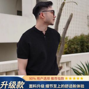 Light Mature Style Summer Clothing Polo Shirt Standard Fit Short Sleeve Stand Collar Henry Collar Breathable Knitted Fabric