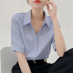 Blue V-neck Short Sleeve Shirt Womens Summer Thin Elegant Formal Commute OL Work Uniform Top Straight Cut Regular Length