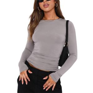 Womens Casual Long Sleeve T-Shirt Spring Autumn Solid Color Slim Fit Hoodie Street Style Base Shirt Top Polyester Fiber