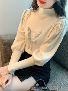 Womens Knitted Long Sleeve Base Shirt Half High Collar Butterfly Knot Autumn Spring New Style Ladies Top Comfortable Fit Sweater