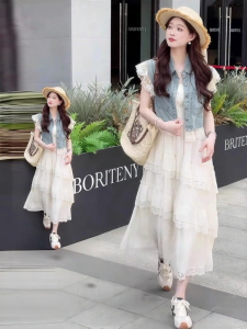 NUMEN BUTTON | Summer Style Large Size Elegant Youthful Lace Denim Jacket Vest and Dress Set