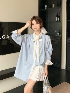 Korean Sweet School Style Long Sleeve Doll Collar Butterfly Knot Womens Shirt Spring Autumn Waist Inward Slimming Versatile Top